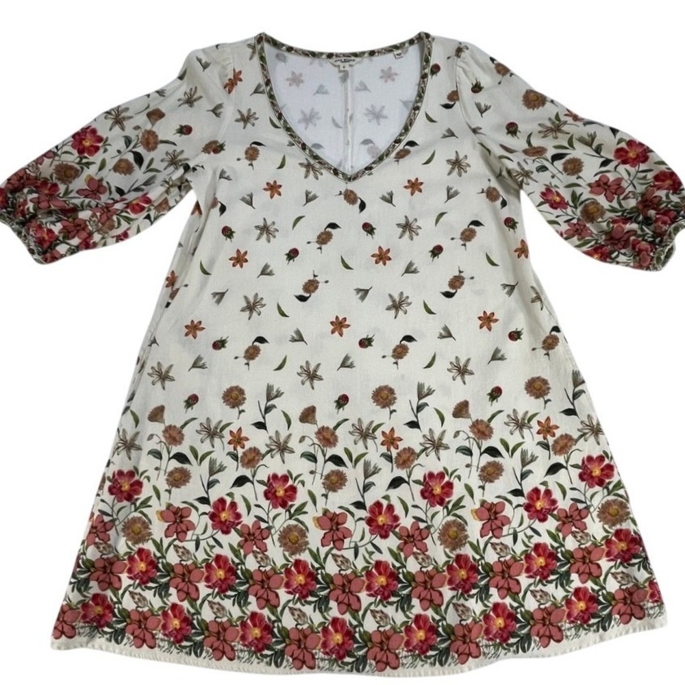 Max Studio Floral Mini Dress S Cream Linen Blend Pockets! Prairie Cottagecore